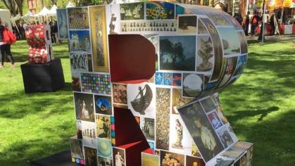 A Rutgers "R" decorated with printouts of Zimmerli artworks